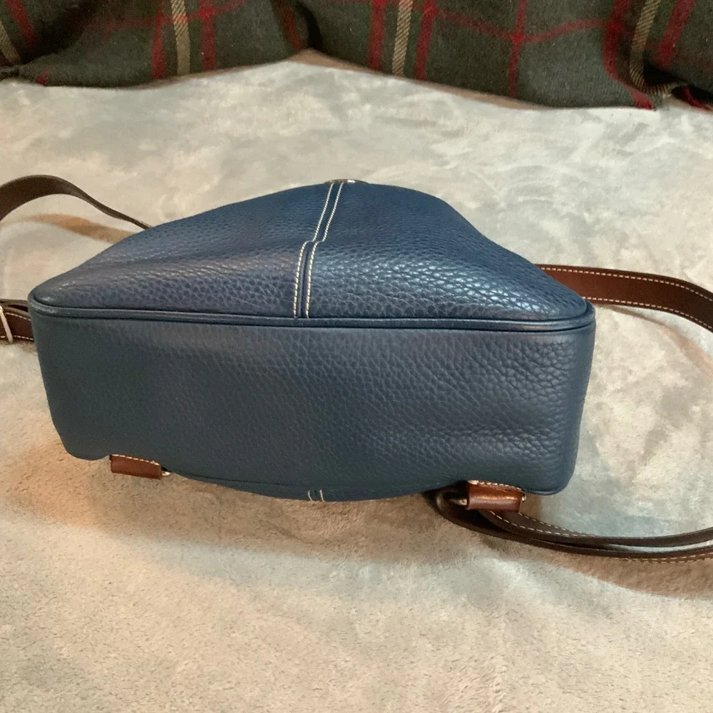 Dooney & Bourke Pebbled Leather Backpack Slate Blue Brown Trim Dome Bag